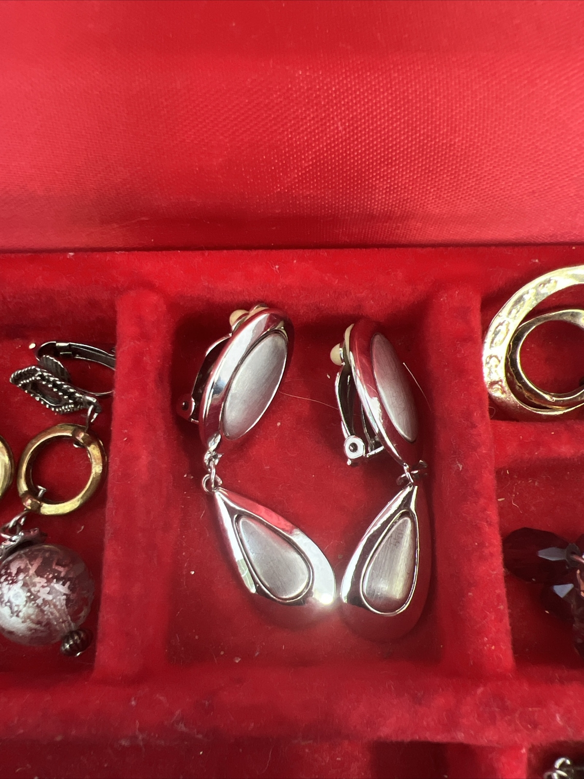 Jewerly Box and Lot of Costume Earrings Some Clip-on Some Pierced Some Single