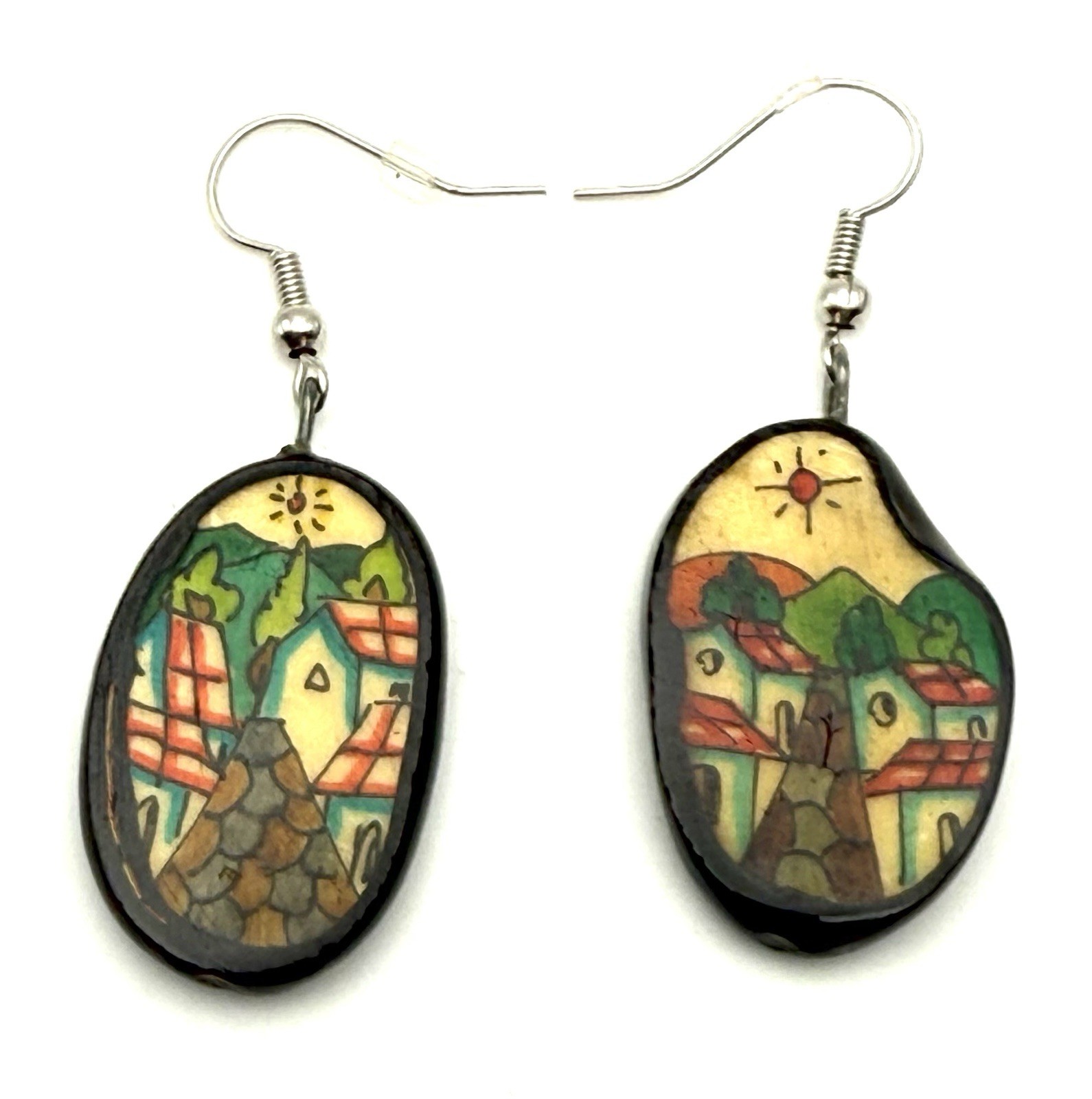 El Salvador Folk Art Village Scene Seed Earrings Hand Painted Pierced 2”