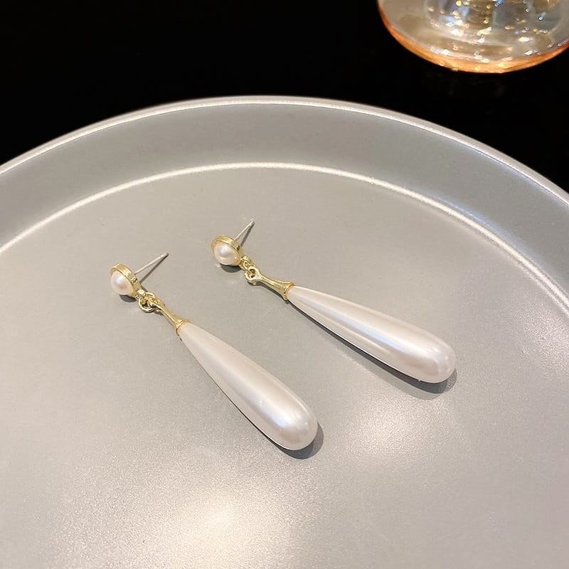 Water Drop Simulated Pearl Dangle Earrings Gold Tone Long Drop Wedding Jewelry