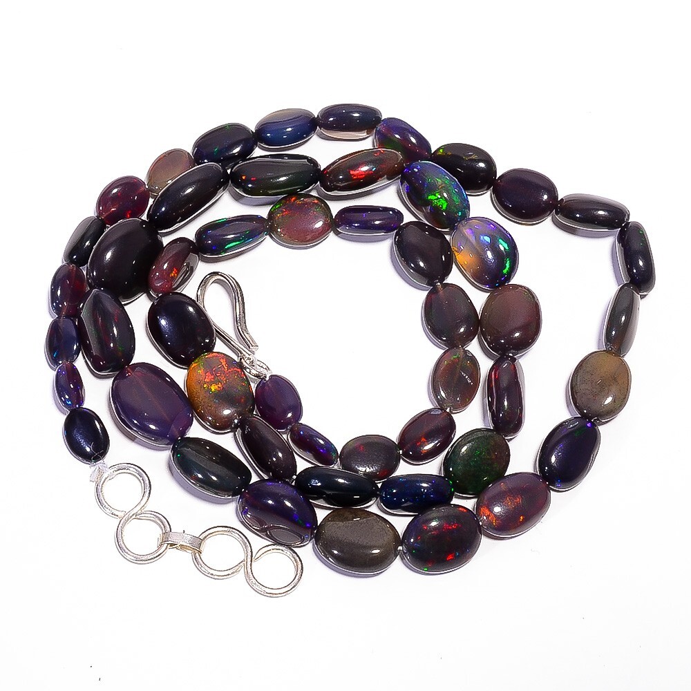 55.9 Ct. Natural Black Ethiopian Opal Oval Gemstone Beads Necklace 16″ A-2500