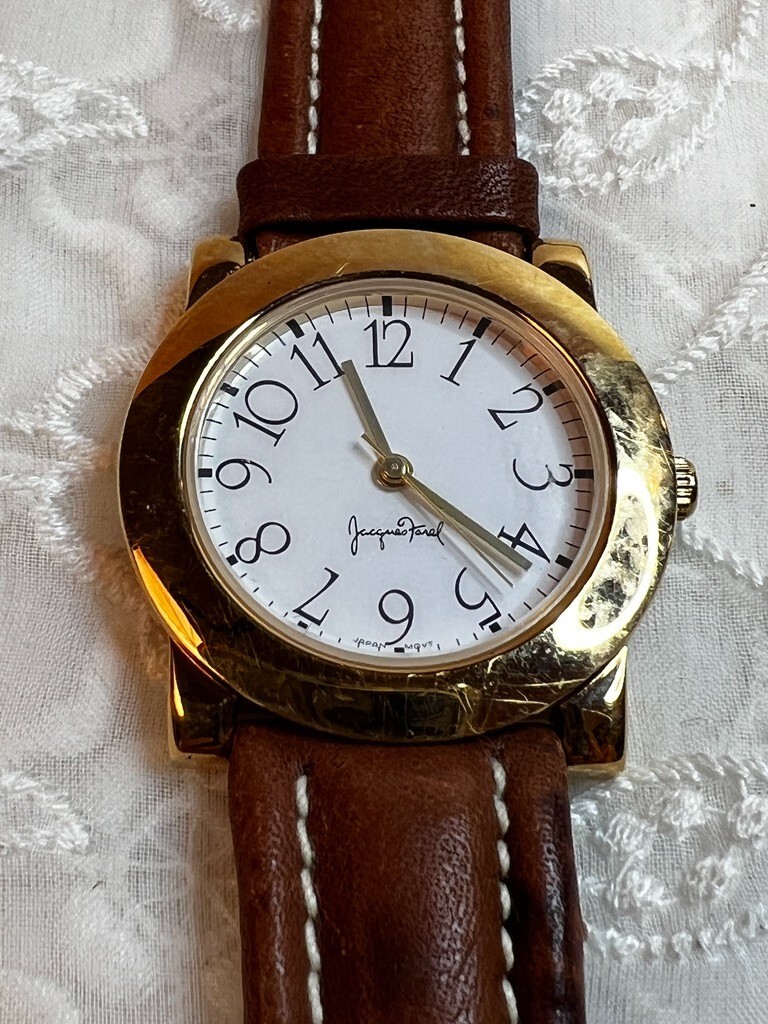 Vintage Jacques Farel Gold Toned Case White Dial Leather Band DD