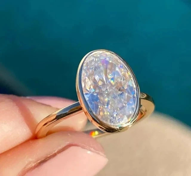 3Ct Oval Cut D/VVS1 Moissanite Bezel Set Engagement Ring 14k Yellow Gold Plated