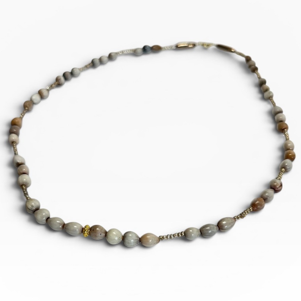 Job’s Tears Beaded Necklace 25″ Grey Tan Boho Organic