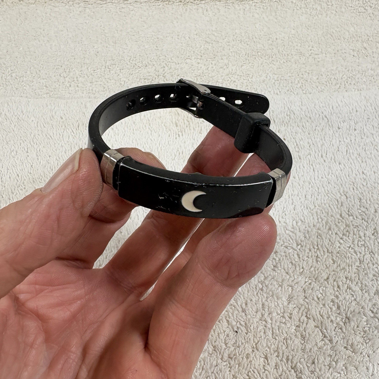Black Bracelet White Crescent Moon Inlay Stainless Steel Accent Adjustable L-299