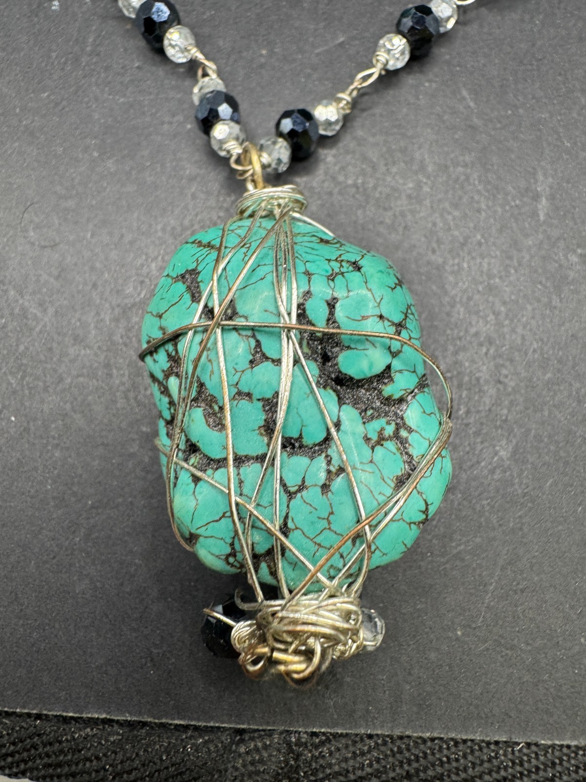 Vtg Handmade Turquoise Nugget & Crystal Necklace & Bracelet Jewelry Set