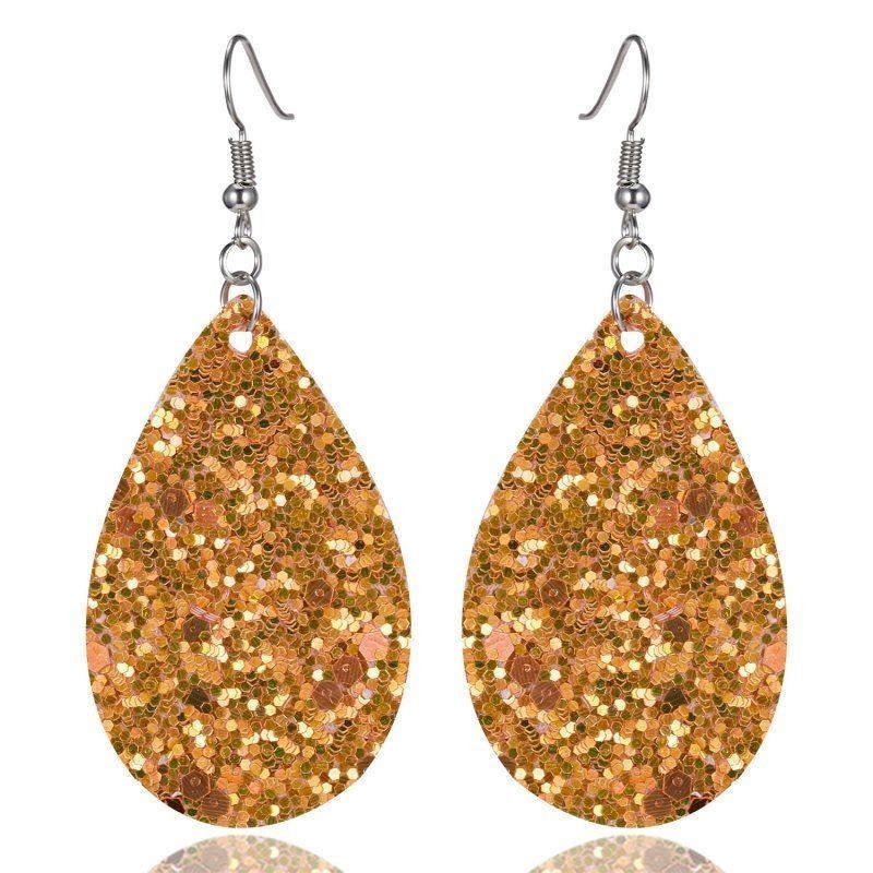 Fashion Jewelry Orange Glitter Faux Leather Fabric Teardrop Hook Dangle Earrings
