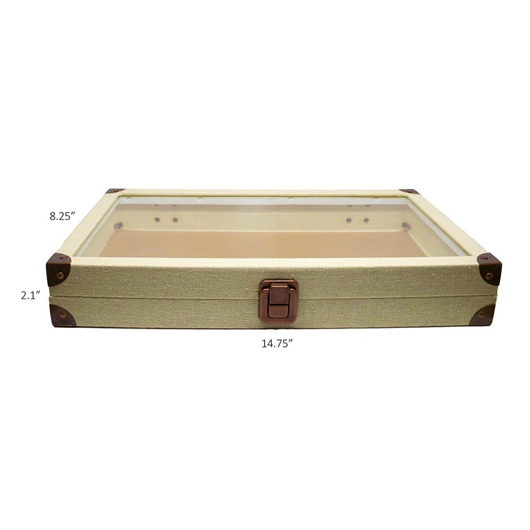 Novel Box Glass Top Linen Metal Clasp Jewelry Display Case With Gem Jar Insert