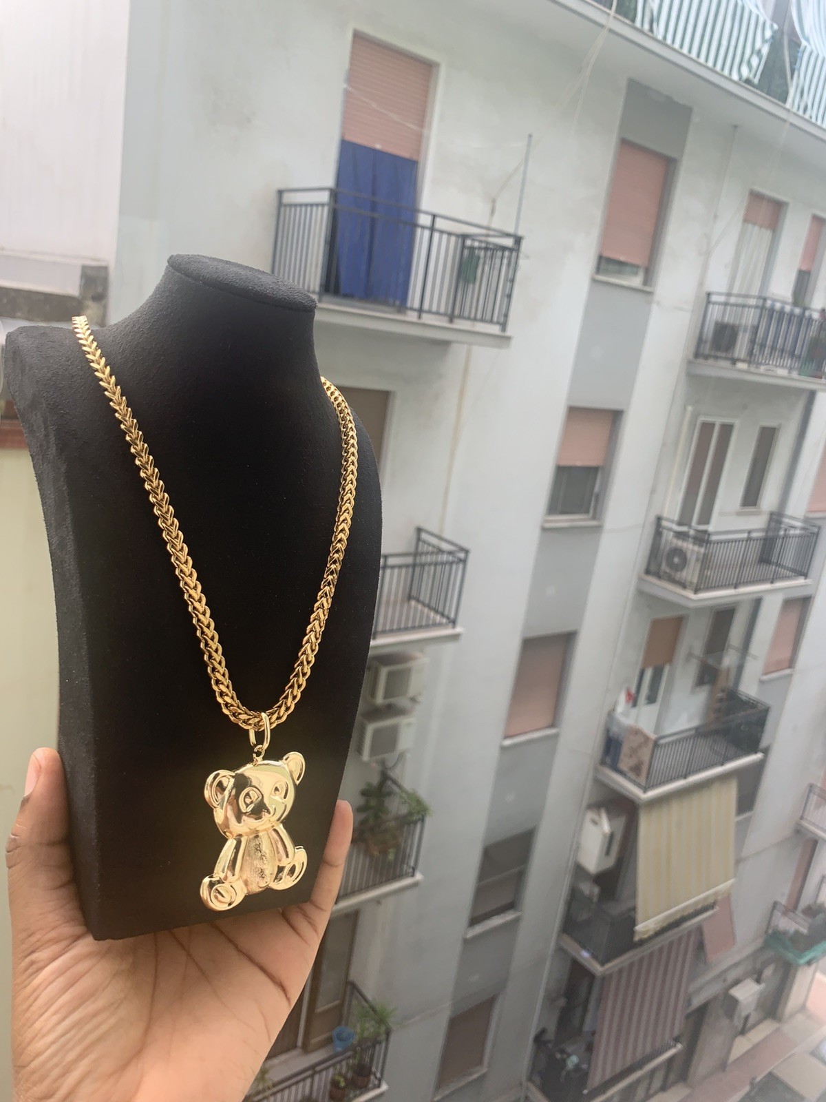 Mens Stainless Steel 18k Gold Plated Franco Necklace & Brass Teddybear Pendant