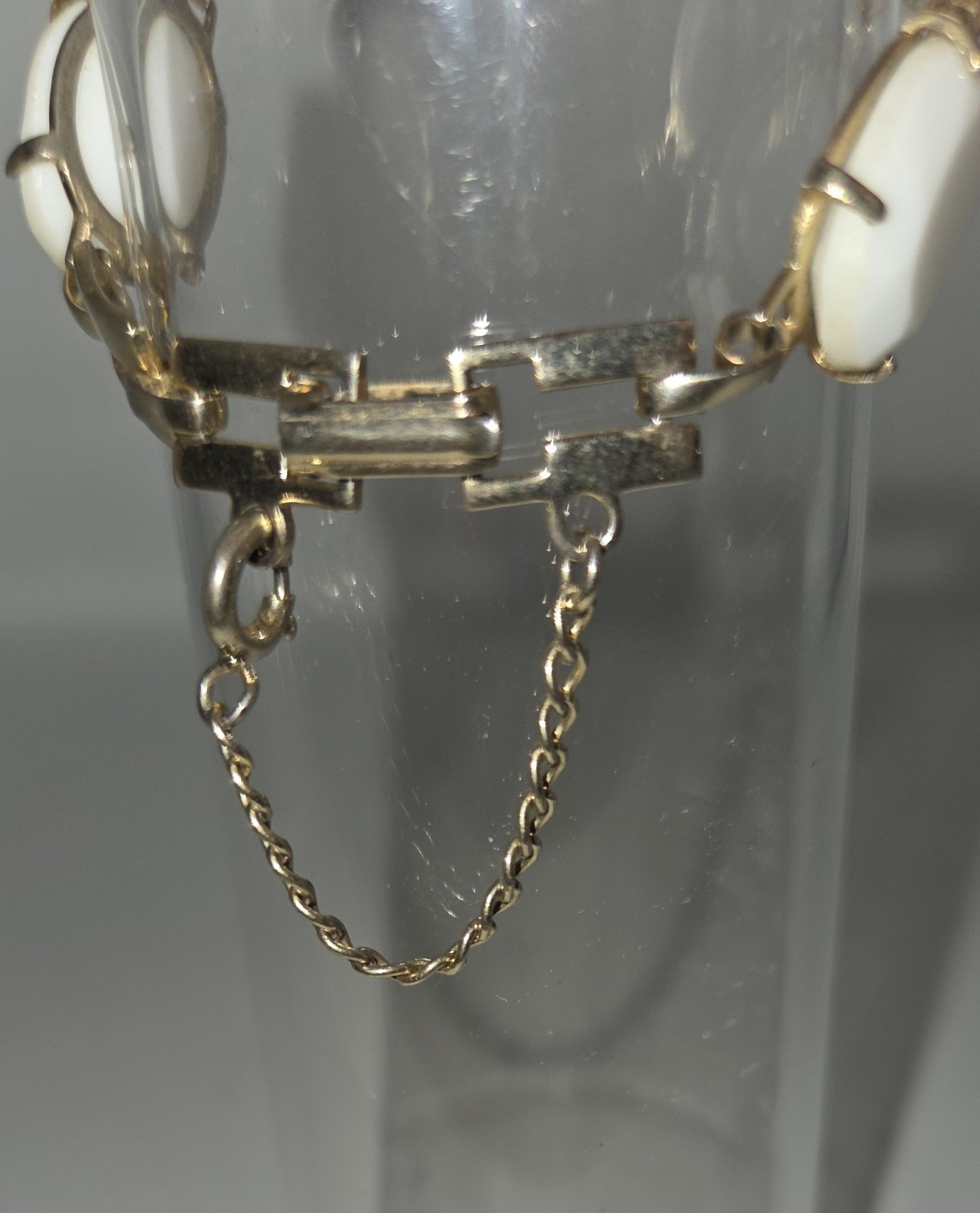 Vintage White Milk Glass Faceted Cabochon Bracelet Gold Tone with Safety Chain
