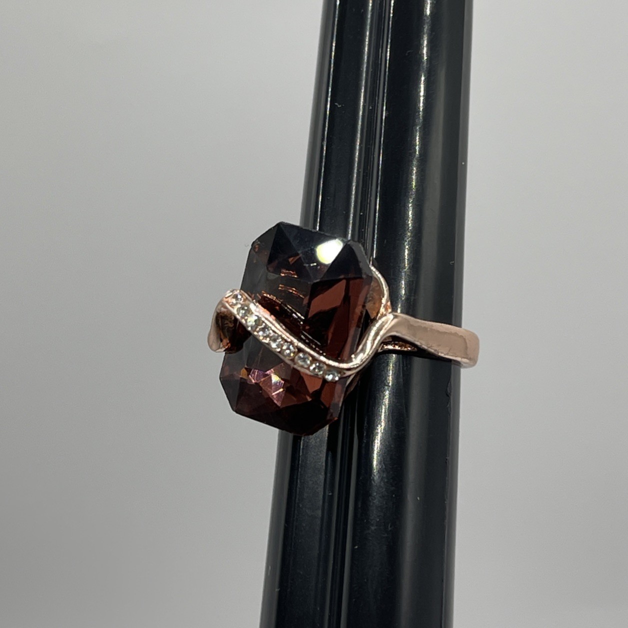 Rose Gold Filled Octagon Brown Cognac Wine Rhinestone Wave Wavy Ring Size 6.25