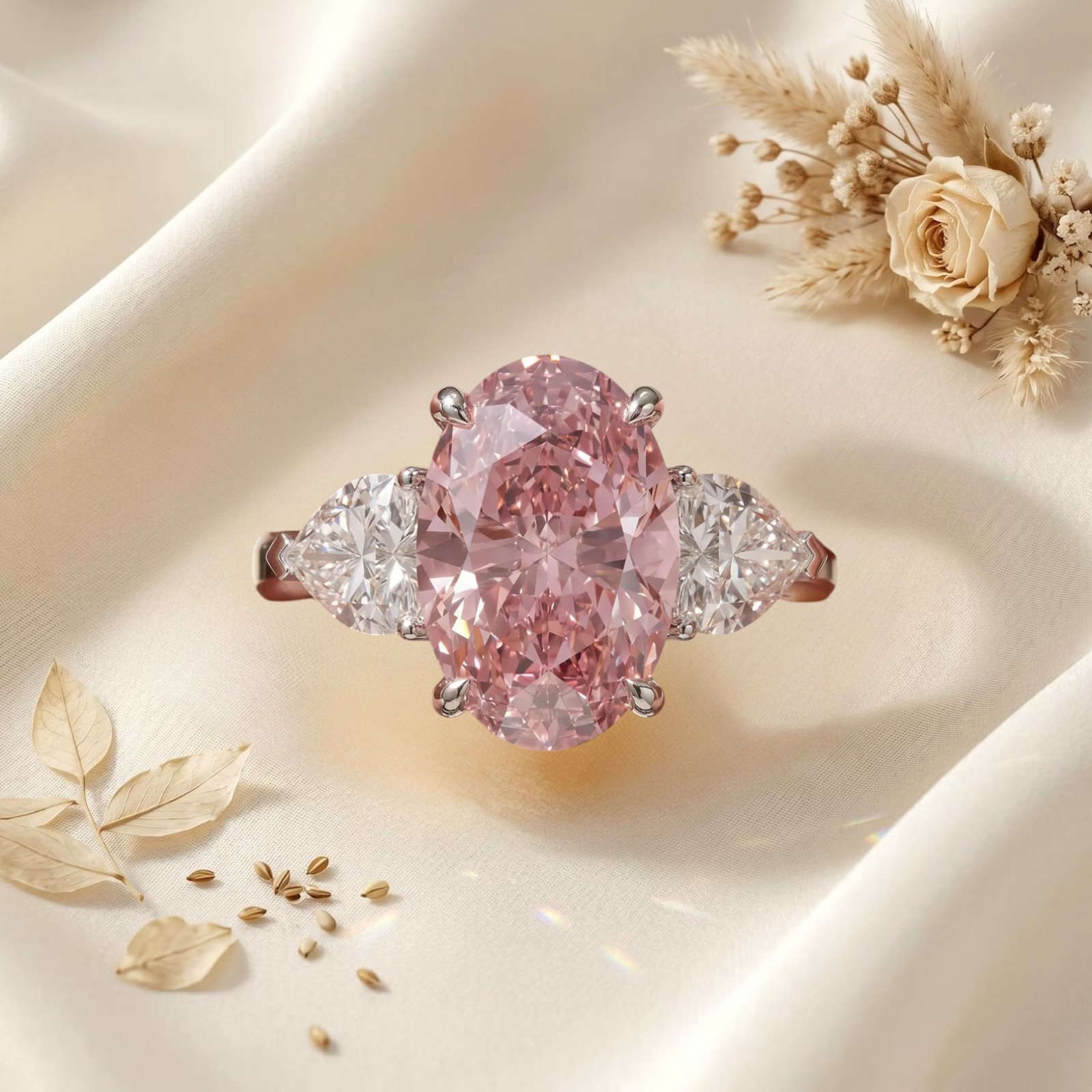 IGI Lab Created Diamond Ring Fancy Intense Pink 950 Platinum 3.80 Carat Oval Cut