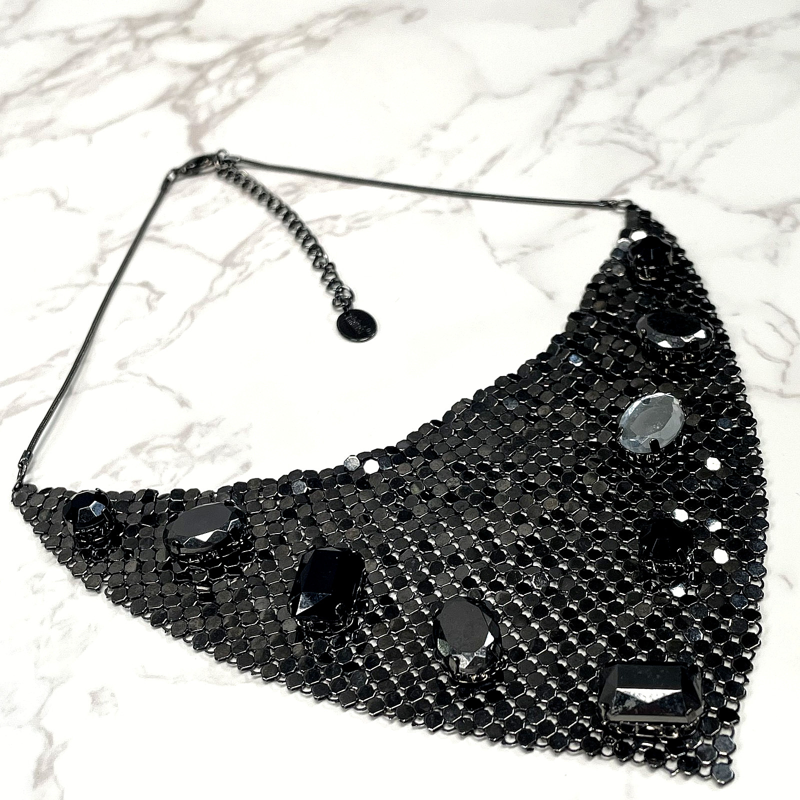 Claire’s Signed Black Liquid Metal Mesh Bib Necklace Gothic Rhinestone Statement
