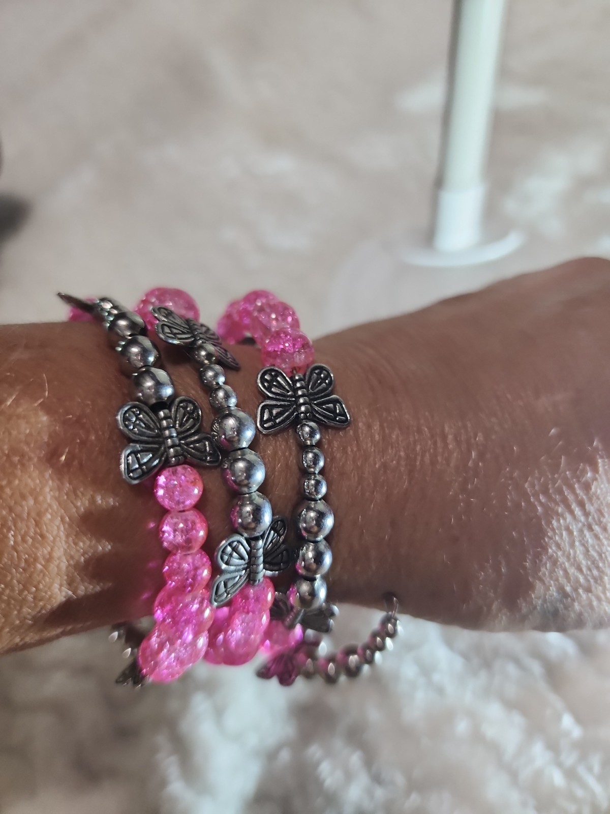 Hot Pink Crackle Glass Memory Wire Bracelet – Multi-Row Butterfly Stack