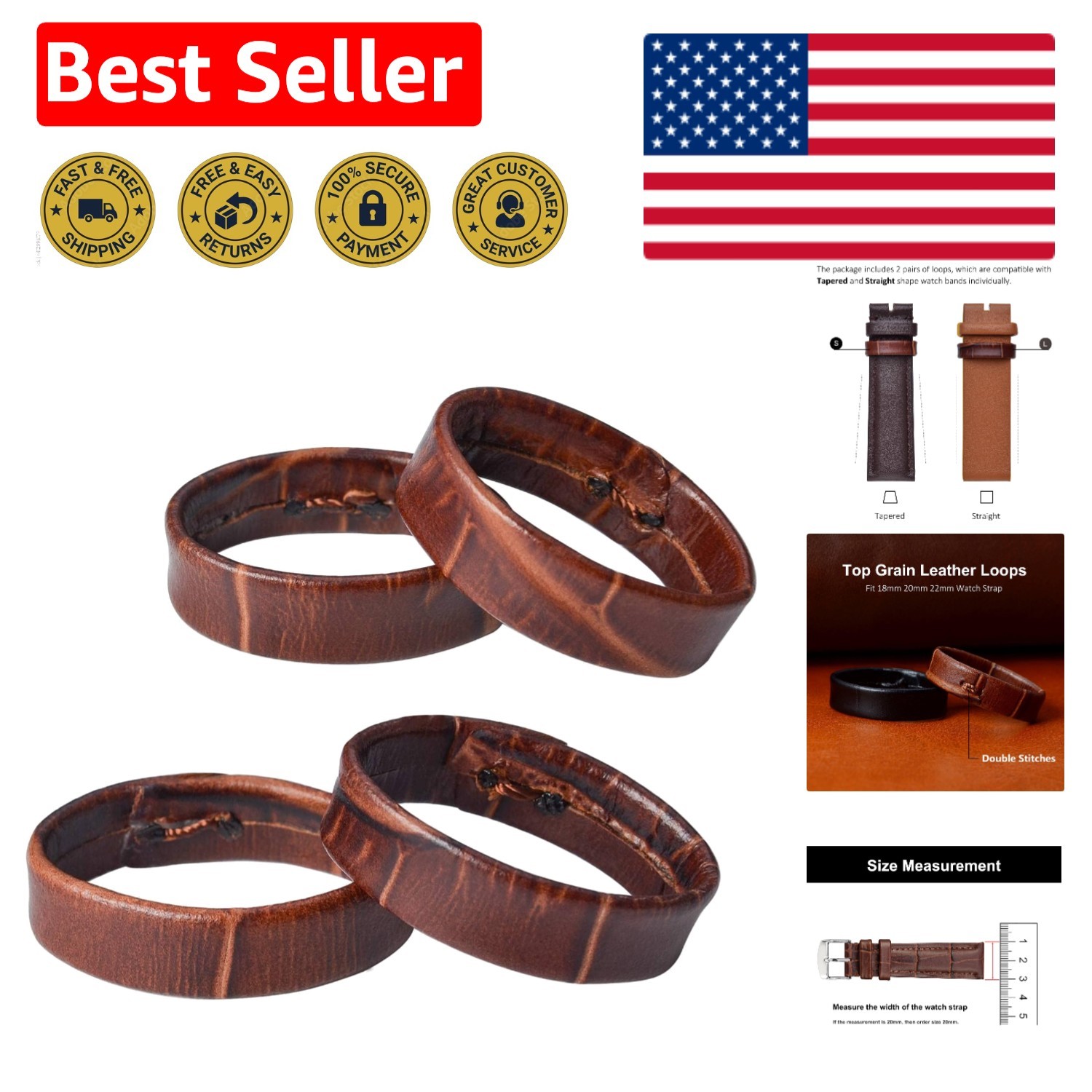 Elegant Brown Leather Watch Band Holder Loops – Fit for 16mm to 22mm Straps