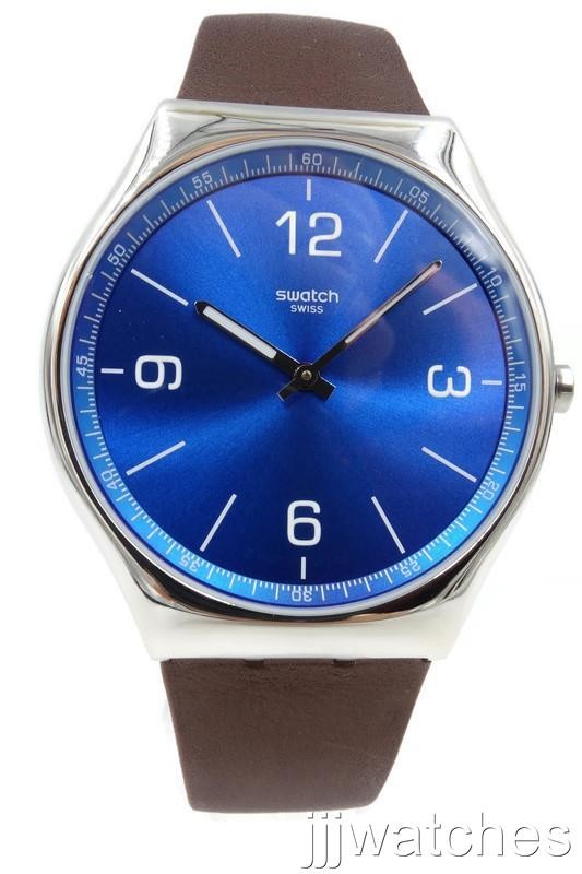 New Swiss Swatch SKINWIND Brown Leather Stainless Steel Watch 42mm SS07S101 $190