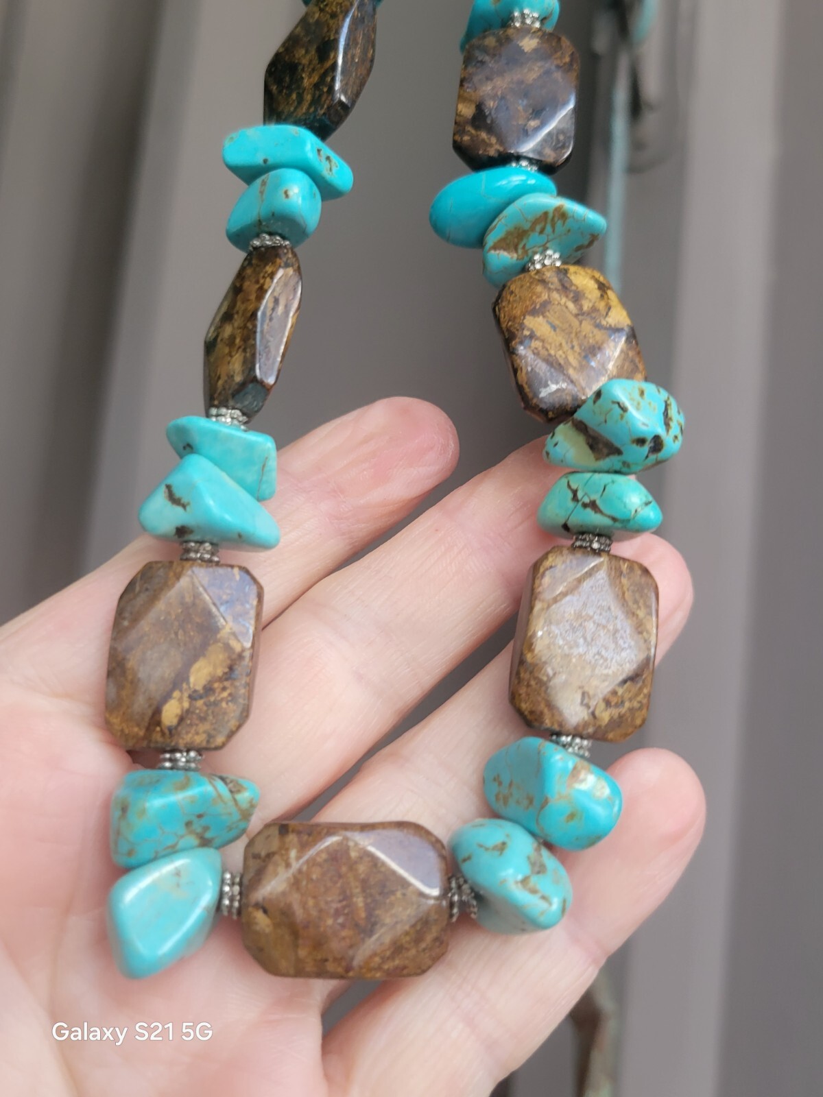 Turquoise-Bronzite Necklace 20″ Long Boho Chic Artisan Made Adjustable OOAK