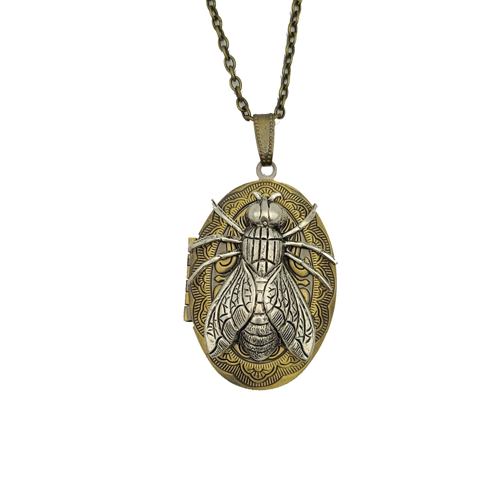 Ox Brass Oval Fly Locket Necklace Jewelry Keepsake Photo Locket Vintage Jewelry