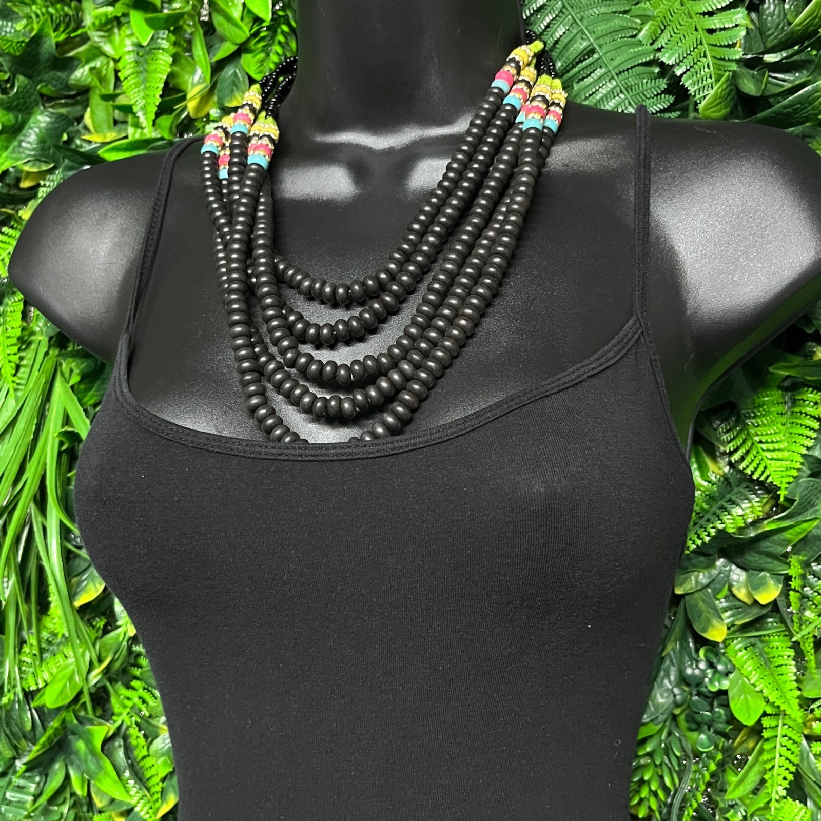 Multi Strand Beaded Necklace Black Pink Green Blue Statement Adjustable 3817