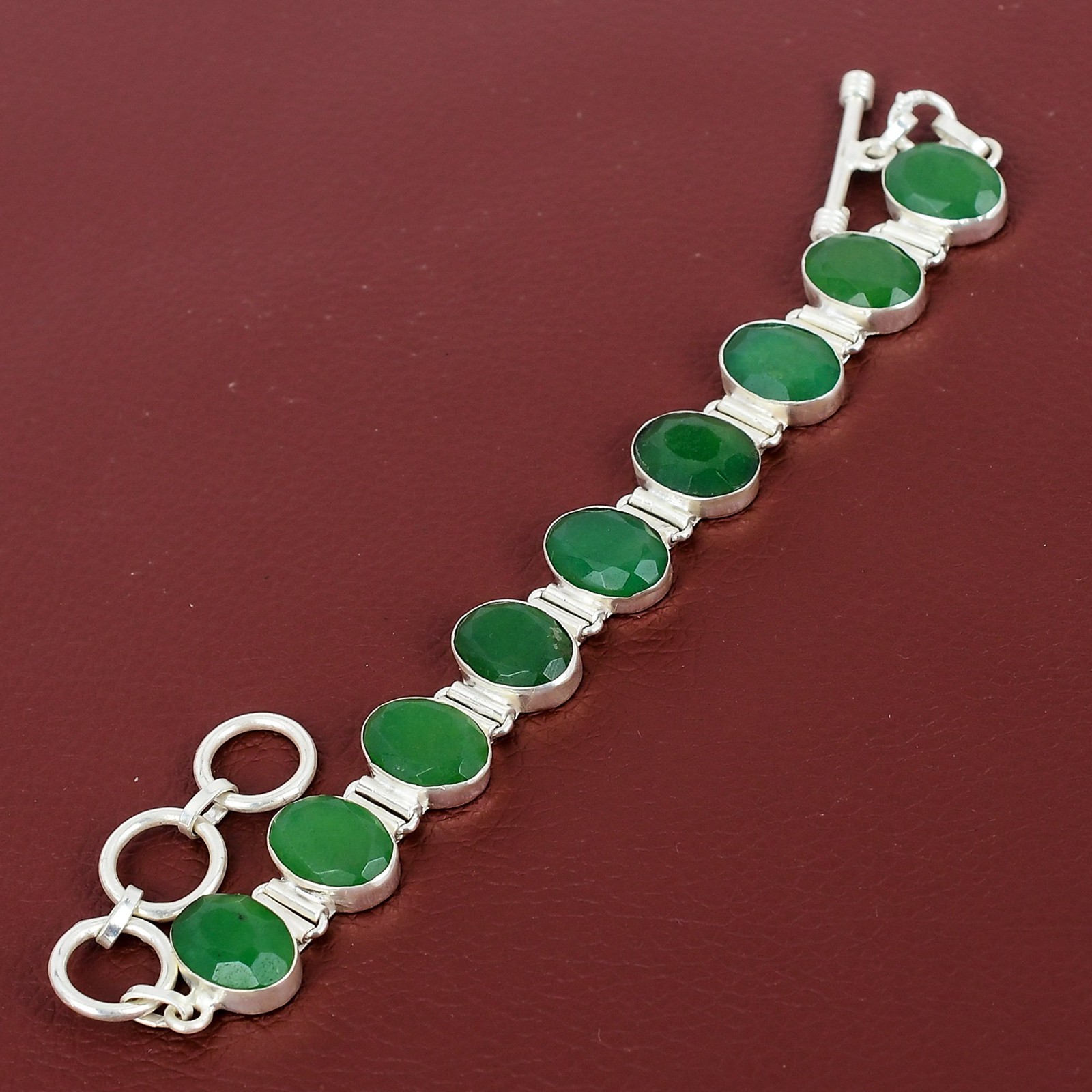 Faceted Zambian Emrald Gemstone Bracelet 925 Sterling Silver Adjustable Bracelet
