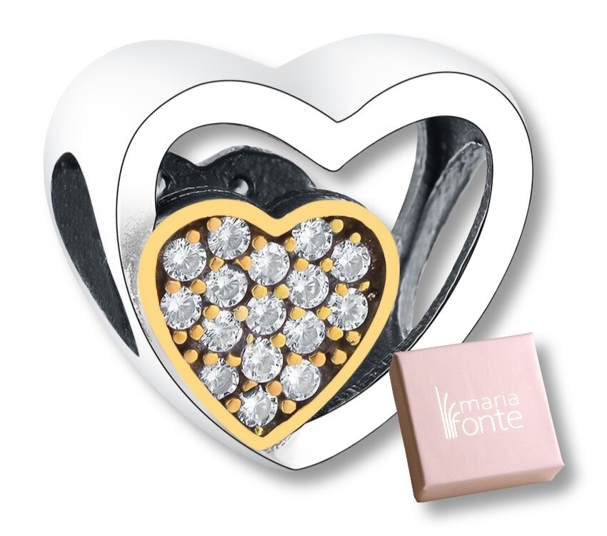 MariaFonte Bead Charm Heart Gold CZ Pendant Fortune 925 Silver Compatible