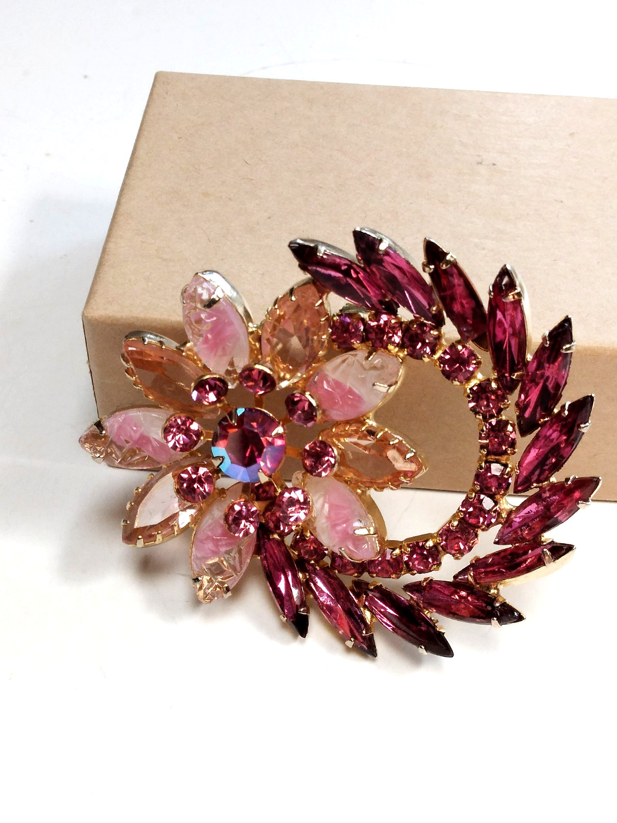 Juliana Pink Brooch Givre Lava Glass Dark Pink Navetts Gold Tone Rivet Prong Set