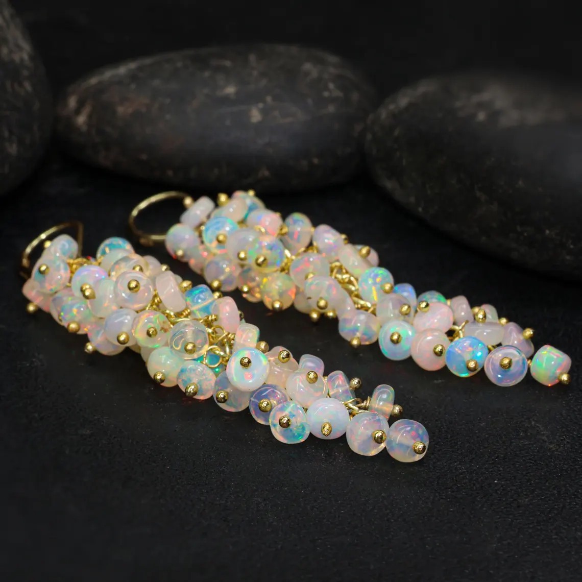 White Ethiopian opal gemstones 18k gold handmade earrings jewelry to Gift her b5