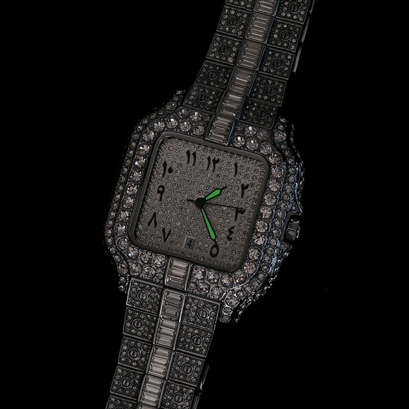 Arabic Hip Hop Ice out Luxury Bling Mens Watch Iced Silver Cz Diamond Waterproof