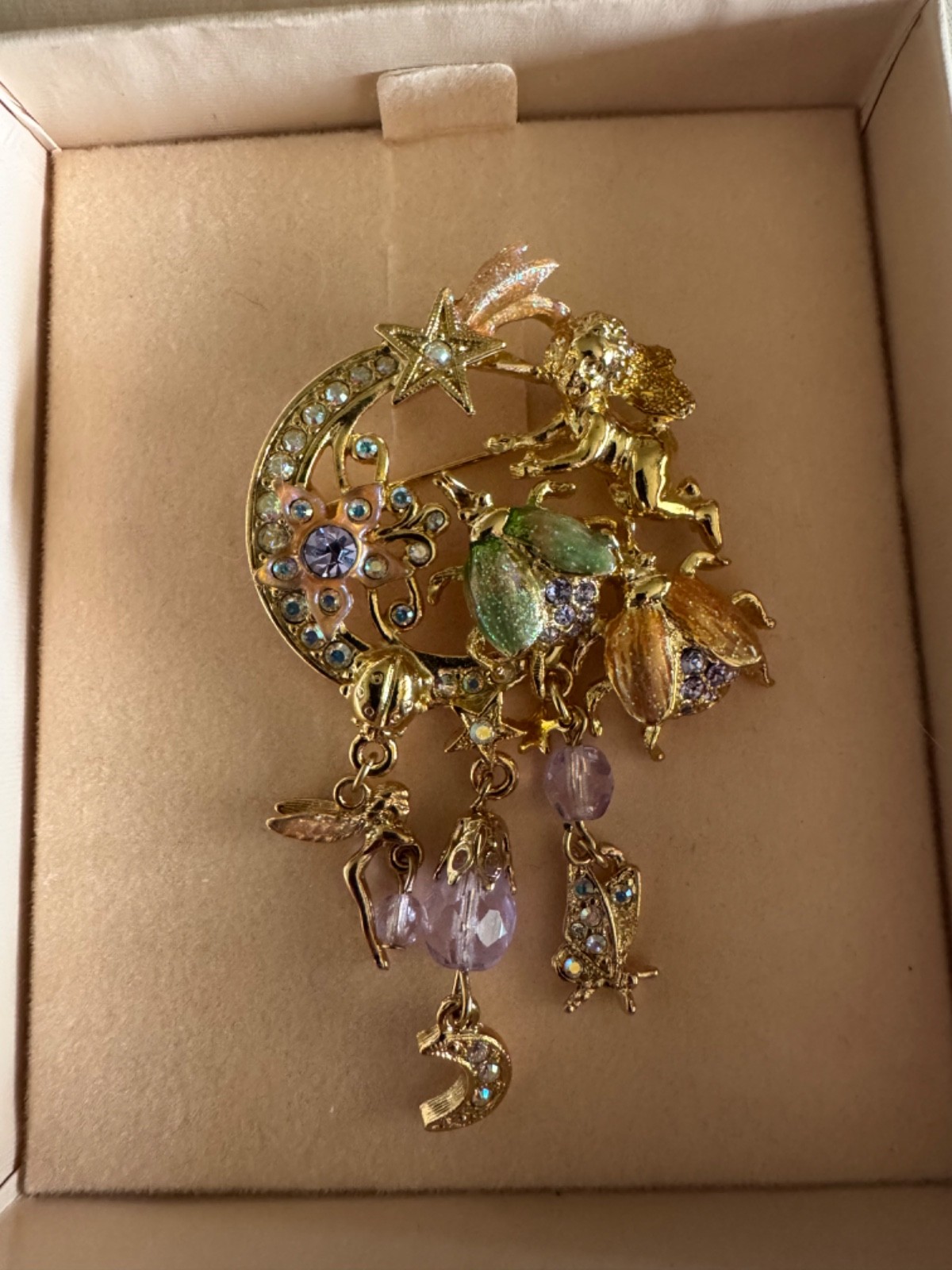 Kirks Folly Fairy Fireflies Brooch Pin Dangle Stars Moon Flowers Flies in box