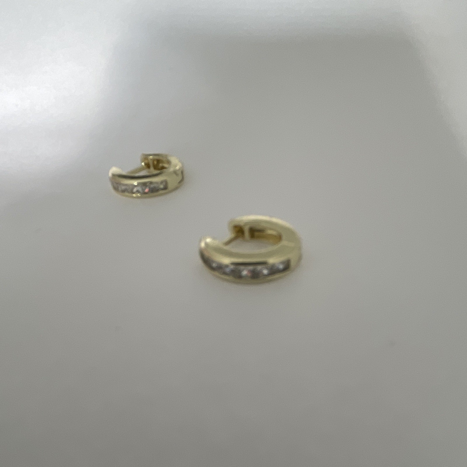 Gold Tone Huggie Hoop Earrings Round White Cubic Zirconia Pavé Hinged
