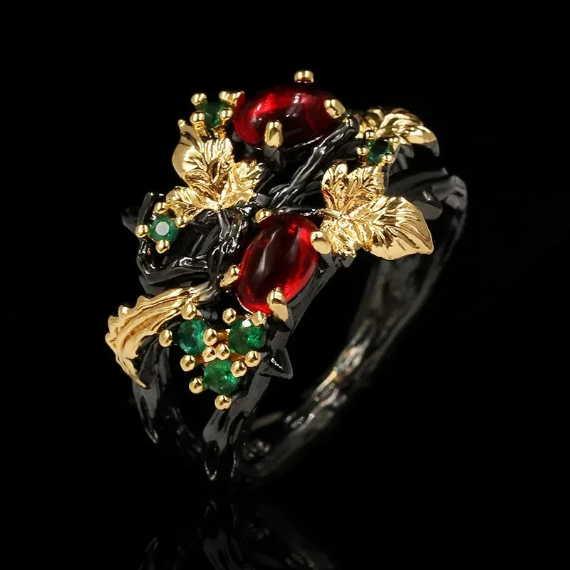 Statement Black Red Ruby Emerald Ring Vintage Leaf Branch Jewelry Size 6-10