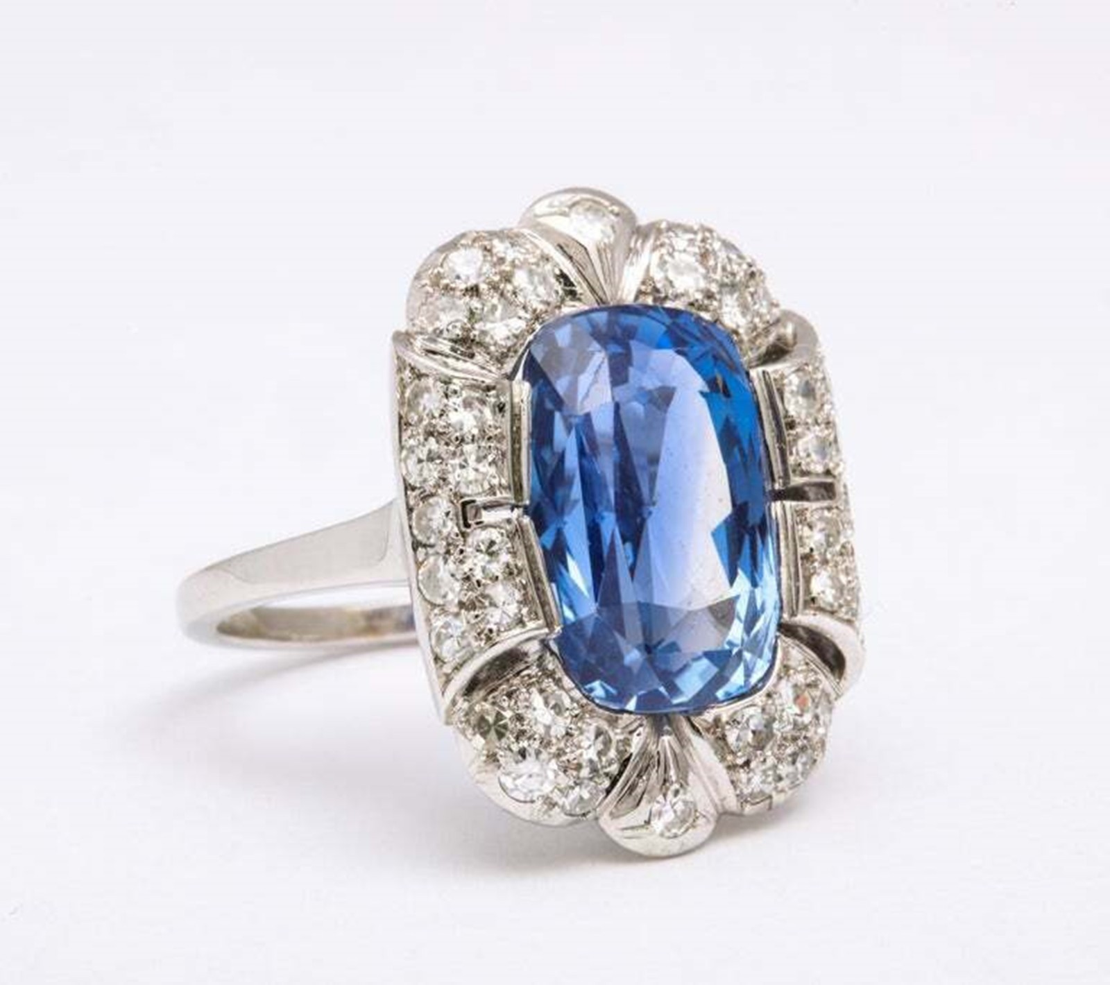 Blue Cushion Simulated Diamond 14k Gold Art Deco Vintage Style Engagement Ring