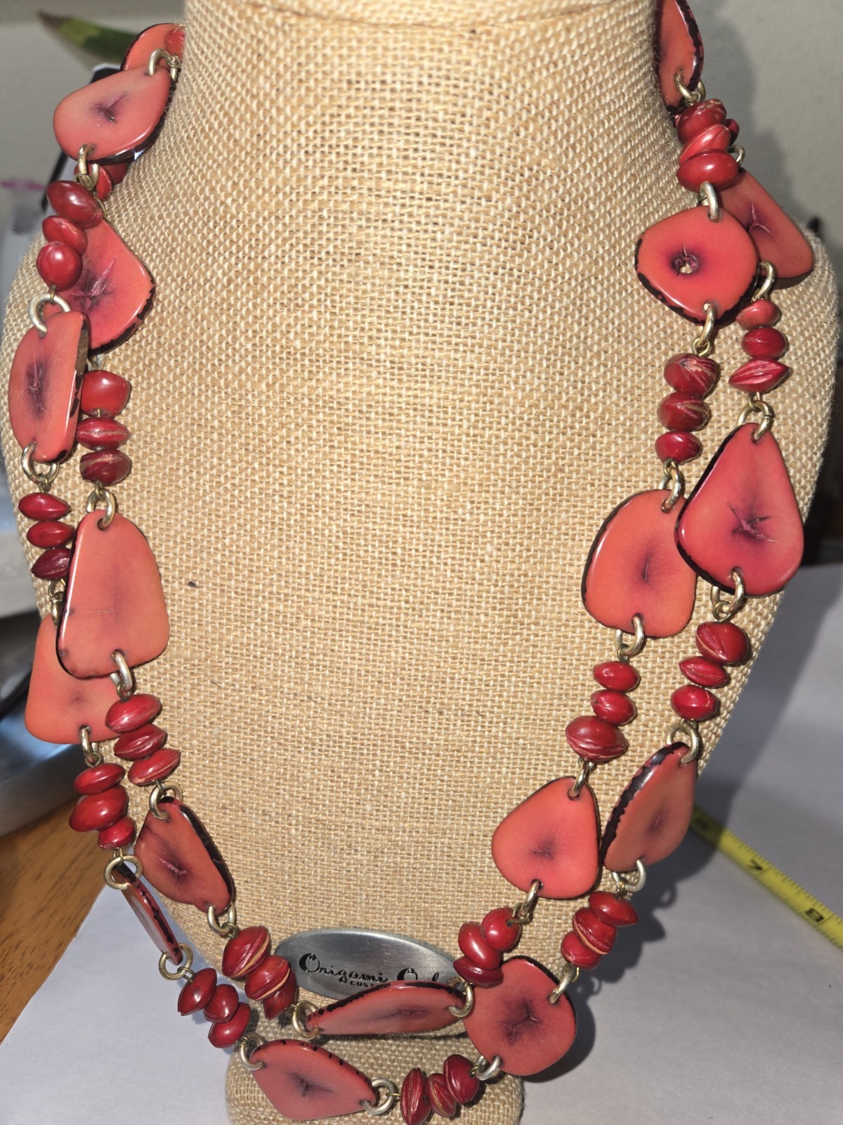 handcrafted artisan multi-strand necklace vibrant red Slices Tagua Nuts,seeds