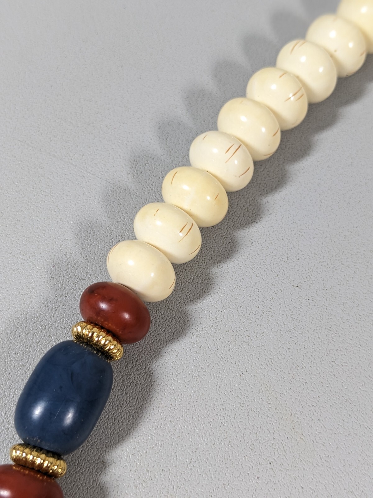Vintage Ivory Color Blue Brown Acrylic Beaded Tribal Style Chunky Necklace 21 in
