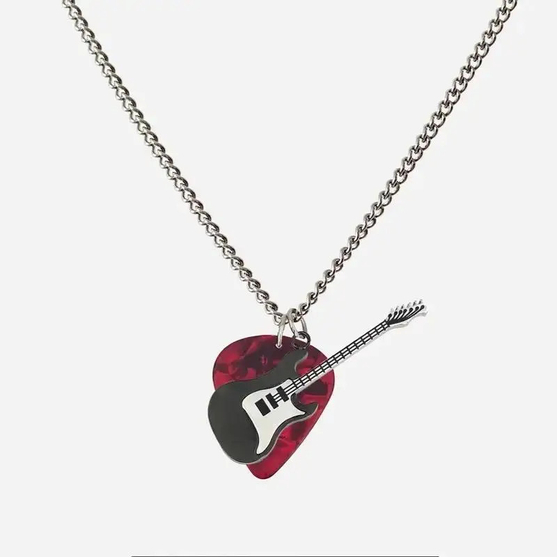 Hip Hop Guitar Pendant Necklace Titanium Steel Vintage Electric Guitar Sweater C
