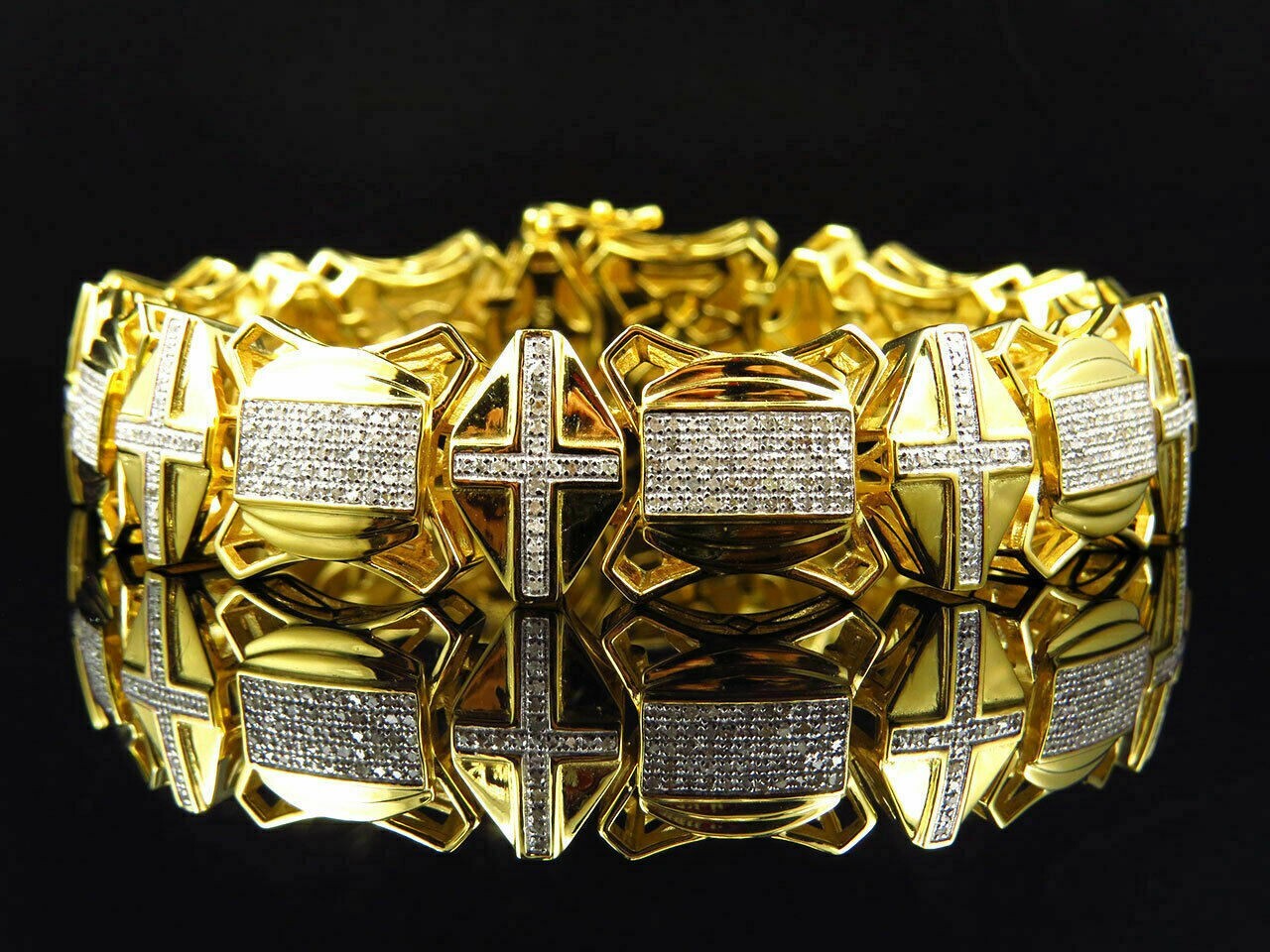 13CT Round Lab-Created Diamond Cross Link Men’s Bracelet 14K Yellow Gold Finish