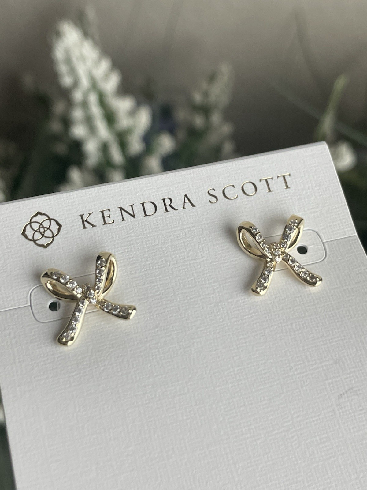 Kendra Scott Gold Tone Sasha Stud Earrings Bow Design Clear Crystals New W/ Tag