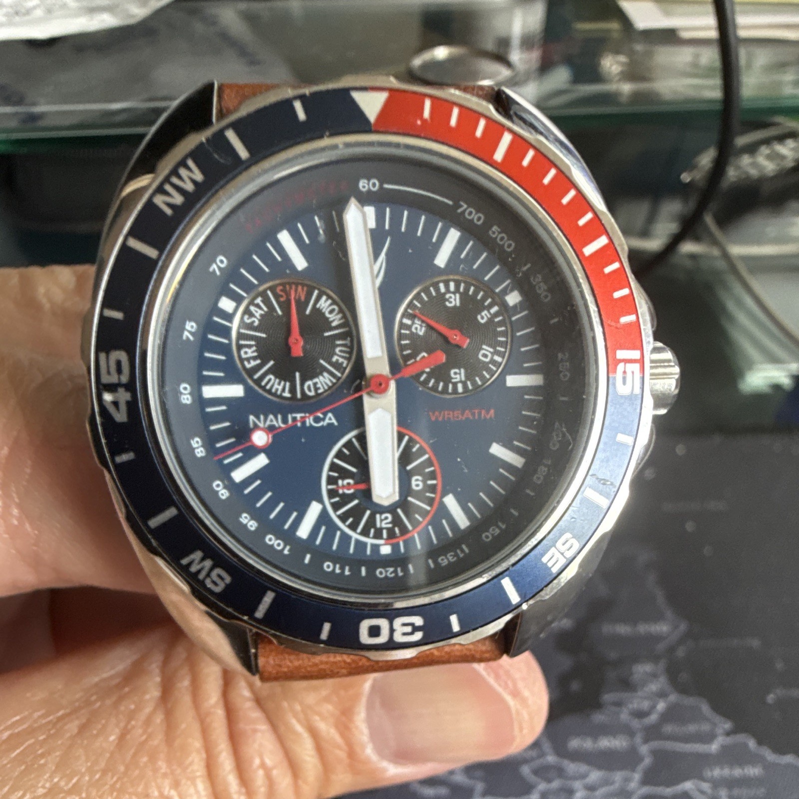 Nautica Men’s Quartz Sport Chronograph Tachymeter Blue Dial Red/Blue Bezel