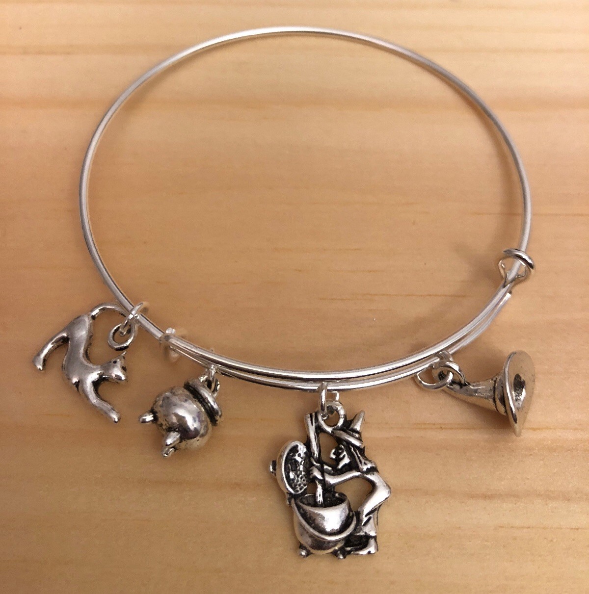 Halloween Witch & Brew & Cat Silver charm Expandable Bangle Bracelet