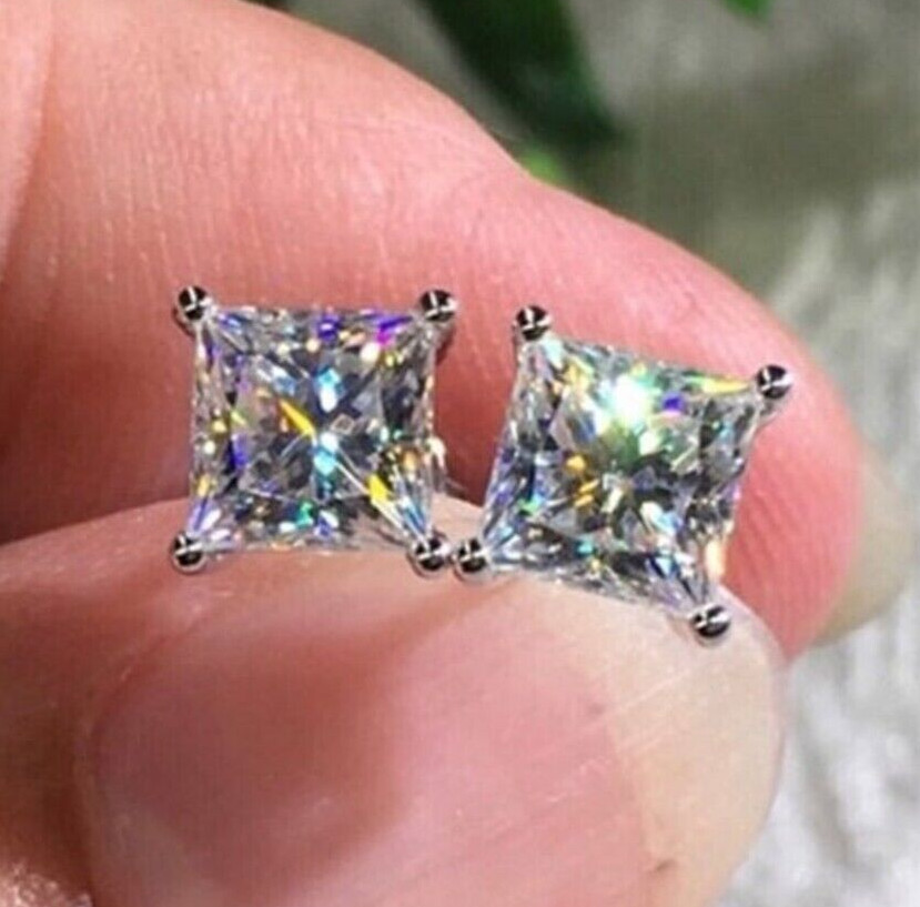 2.00 Ct Certified Princess Cut White Diamond Solitaire Studs-Great Shine & Bling