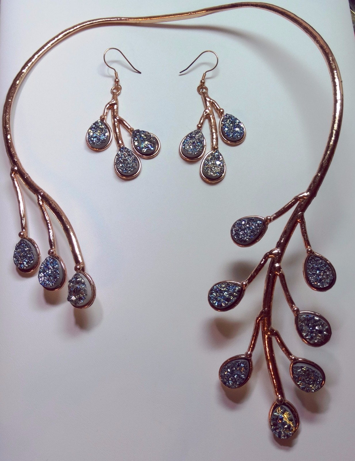 ONE of a KIND Blue Druzy STATEMENT Necklace Earrings & Bracelet Set ROSE GOLD