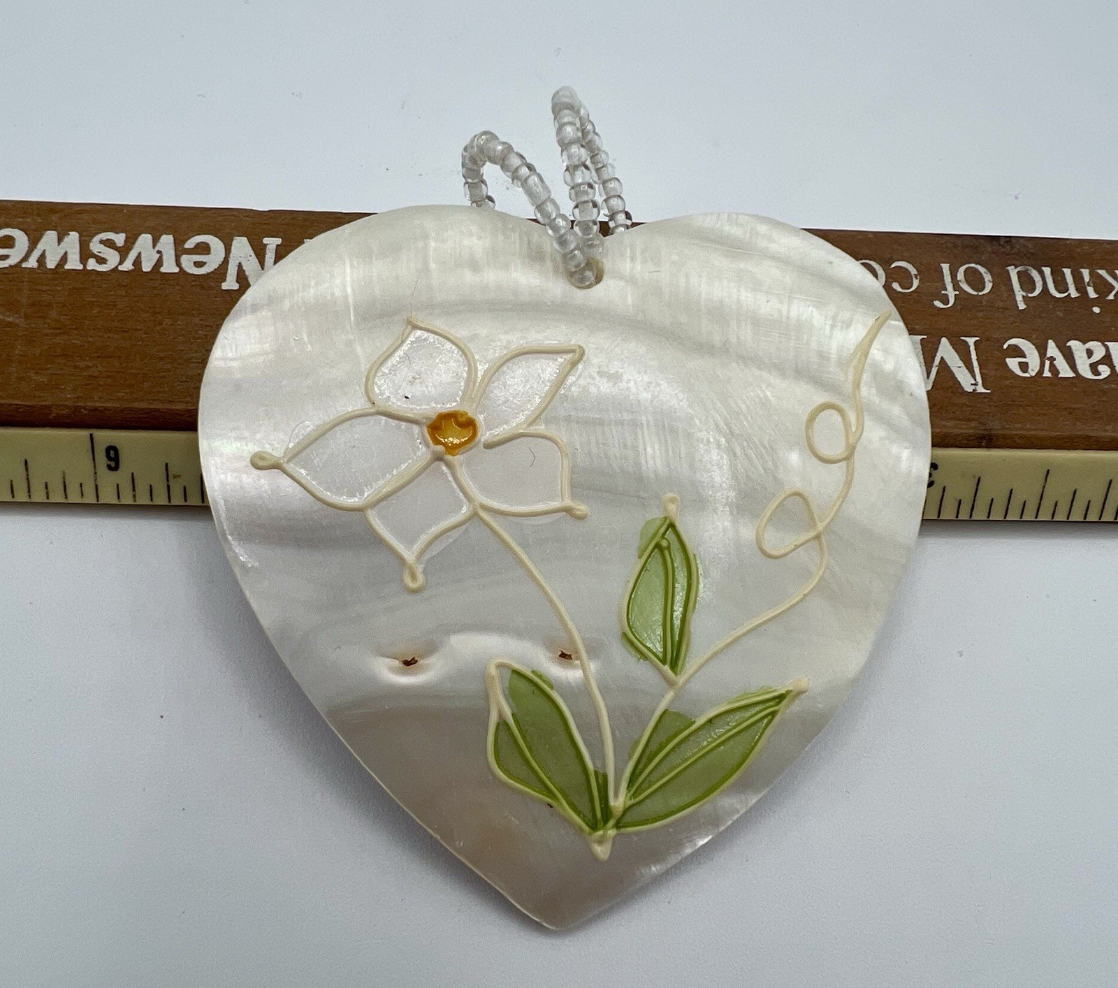 Vtg Large MOP Shell Heart Pendant Hand Painted Flower Beads Gorgeous Unique