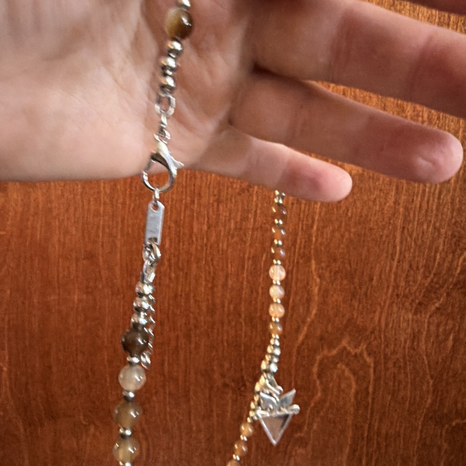 Handmade Coffee Agate Bead Necklace With Unique Sterling Silver Pendant 18-20in