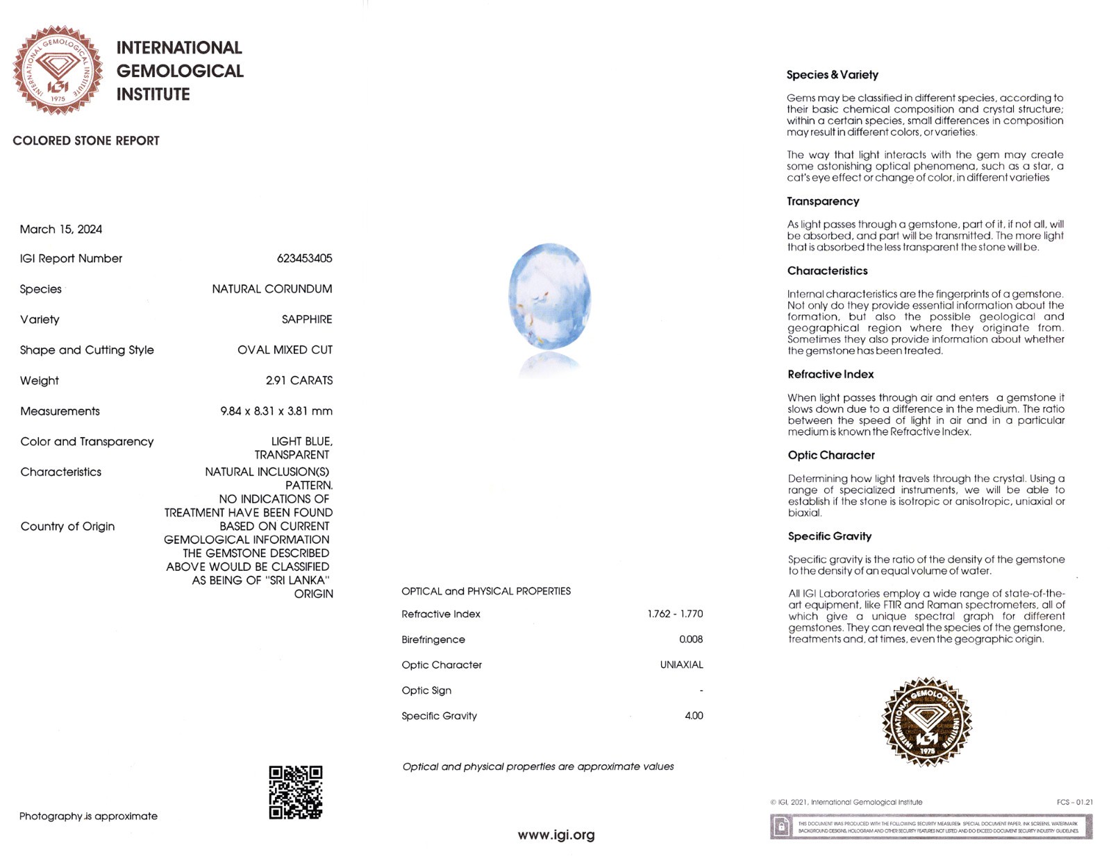 IGI Certified CEYLON Blue Sapphire 2.91 Ct. Natural Untreated OVAL Light Blue