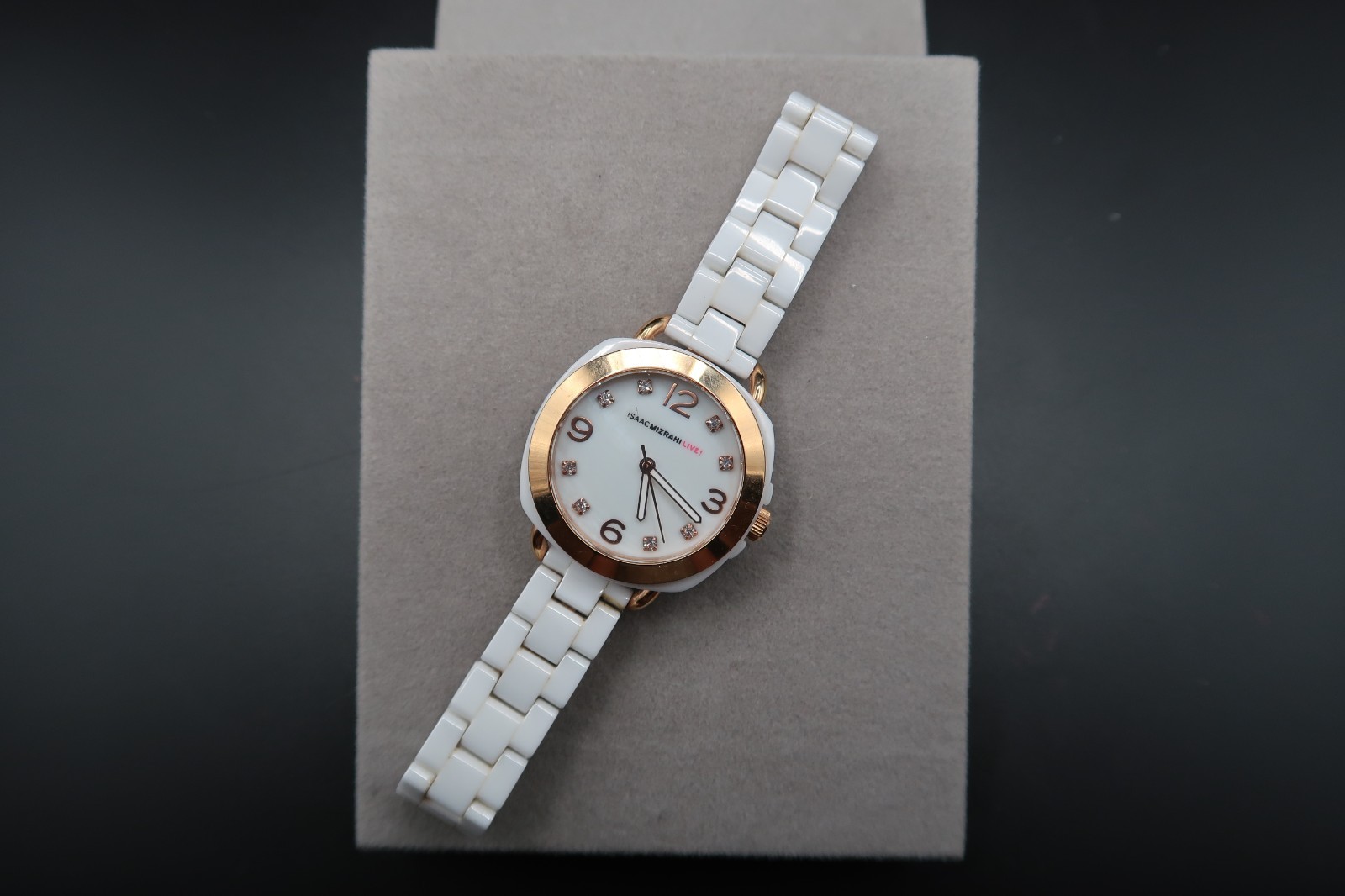 Isaac Mizrahi Live Womens Watch White Ceramic Link Strap Rose Gold Tone Quartz