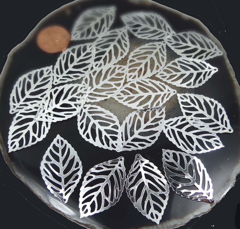 20 Silver Plated Filigree Leaf Stamp Focal Pendant 35x20mm