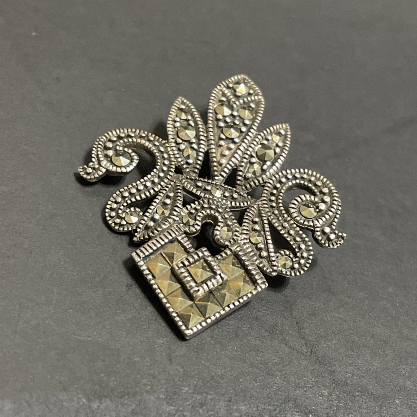 Vintage Fleur De Lis Sterling Silver 925 Marcasite Pendant Art Deco 1.25” 5.59g