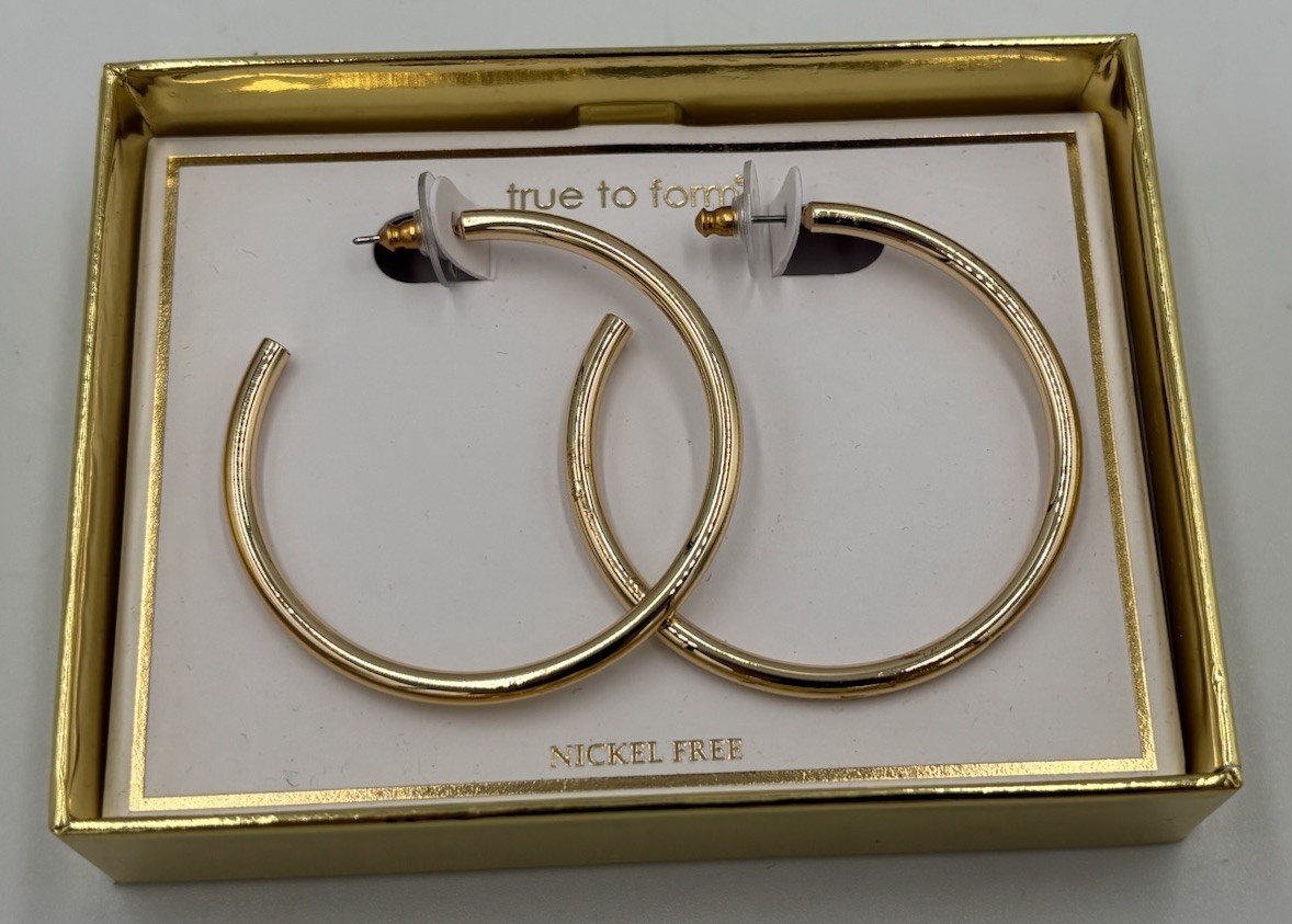 True To Form Hoop Earrings Solid Brass 2 1/8″ Diameter . New in Box