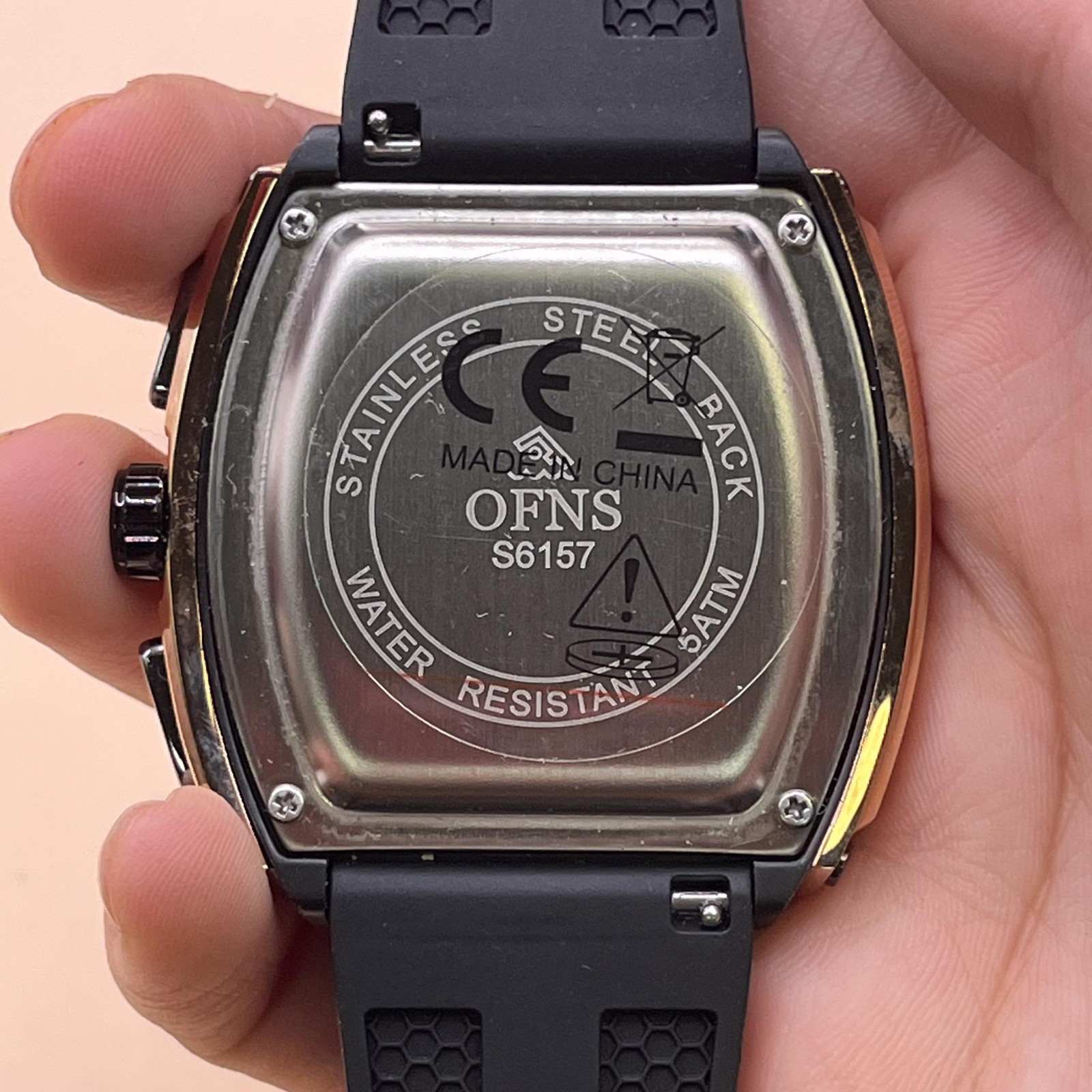 OFNS Watch Mens Black Rose Gold Tonneau Ana-Digi Silicone Strap Quartz S6157