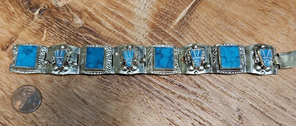 Vintage Silver & Turquoise Hecho En Mexico Taxco Alpaca Warrior Mask Bracelet 7”