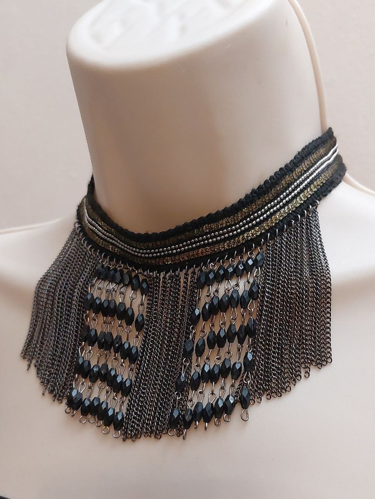 Goth Bohemian Black & Silver Beaded Chain Fringe Choker Statement Necklace